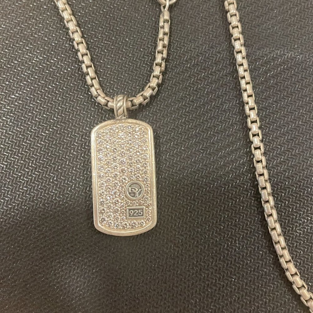 David Yurman Large Diamond Pave Dog Tag Necklace in Sterling Silver 2.68 CTW